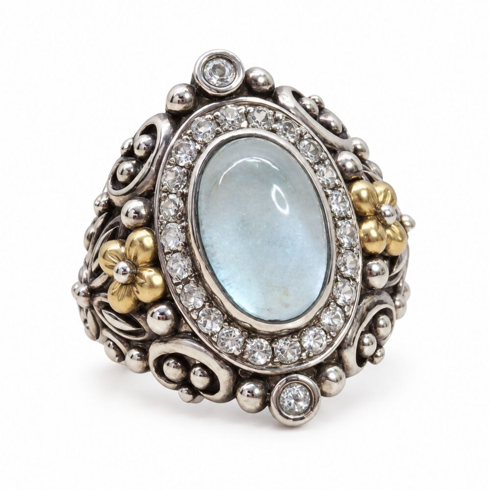 Barbara Bixby Blue White Topaz 925 18K Gold Ring Sz 8